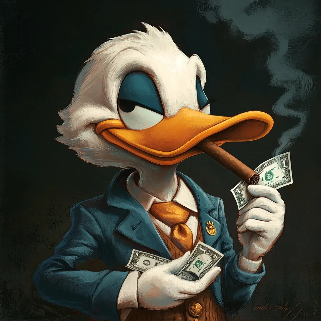 Here's a description of the image:

The artwork depicts Scrooge McDuck, the Disney character, in a stylized, almost gangster-like portrayal. He's dressed in a dark blue suit with an orange tie and vest, holding a lit cigar in one hand and a few dollar bills in the other.  His expression is smug and confident. The painting style is painterly, with visible brushstrokes giving it a textured appearance, and the background is a dark, moody tone. The overall effect is a sophisticated and slightly humorous take on the classic cartoon character.
