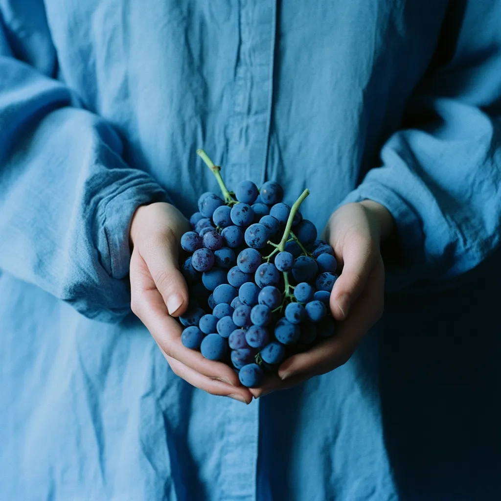 Here's a description of the image:

Close-up view of a person's hands gently cradling a bunch of dark-purple grapes.  The individual is wearing a loose-fitting, light blue shirt. The focus is sharply on the grapes and hands, creating a contrast between the deep color of the fruit and the softer blue of the clothing. The overall mood is calm and serene, emphasizing the simple beauty of the scene. The image's color palette is predominantly cool-toned blues and purples.