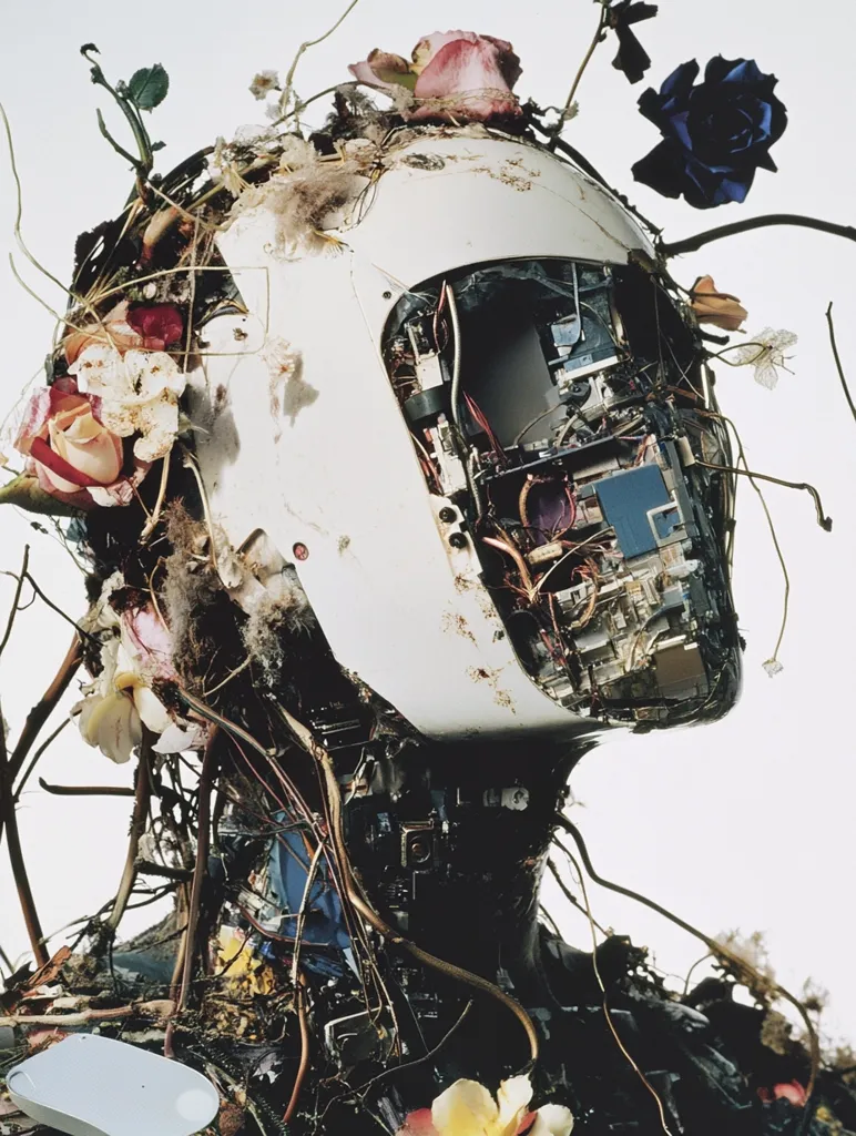 The image depicts a robot's head and torso, seemingly decaying or disassembled. Its white casing is cracked and reveals exposed wiring and circuit boards.  The robot is overgrown with wilting flowers, vines, and debris, creating a striking juxtaposition of technology and nature's decay. The overall impression is one of obsolescence, the merging of artificial intelligence with the organic world's inevitable decomposition.  The contrast between the cold, hard technology and the soft, delicate flowers is visually arresting.