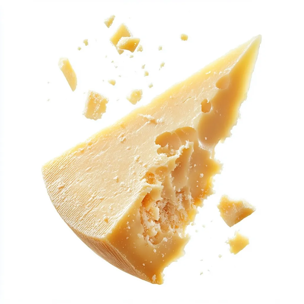 A wedge of pale yellow hard cheese, possibly Parmesan, is shown in mid-air against a white background.  Crumbs and small shards of cheese are scattered around it, suggesting a recent break or crumble. The cheese has visible holes and a slightly granular texture. The overall impression is one of freshness and a visually appealing, dynamic presentation of the cheese.