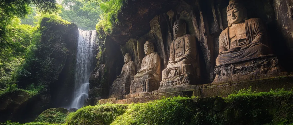 Here is a description of the image:

The photograph shows a serene scene of several weathered stone Buddha statues nestled within a rock cave beside a waterfall. Lush green moss and vegetation cover the rock face and the base of the statues, creating a sense of age and tranquility. The waterfall cascades down the rock face behind the statues, adding to the natural beauty of the setting.  The statues are intricately carved, showing signs of erosion but retaining their dignified poses. The overall impression is one of peaceful coexistence between nature and religious artistry.