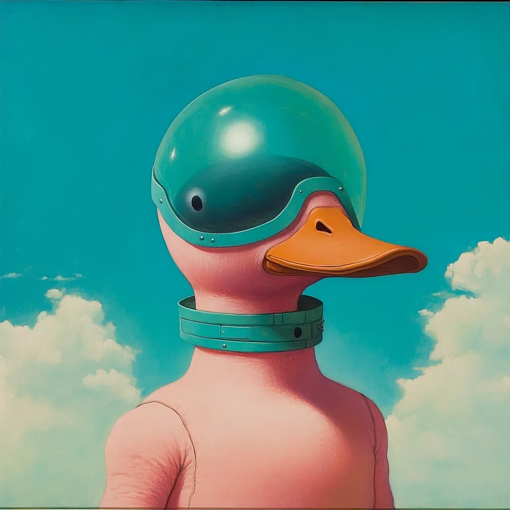 Here's a description of the image:

The painting depicts a stylized pink duck wearing a teal astronaut helmet and collar against a vibrant turquoise sky dotted with fluffy white clouds.  The duck's expression is serious and slightly whimsical. The helmet is sleek and futuristic, contrasting with the soft, almost rubbery texture implied by the duck's body. The overall style is surreal and playful, blending elements of realism with fantastical imagery. The color palette is bold and saturated, enhancing the dreamlike quality of the scene.