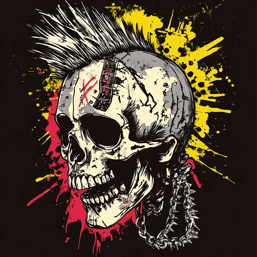 The image is a graphic illustration of a skull with a mohawk hairstyle. The skull is detailed, showing cracks and what appears to be scars on its surface. It has a jagged, aggressive mouth, and a spiked chain adorns its neck. The background features a vibrant splash of yellow, red, and black paint, enhancing the punk rock aesthetic. The overall style is bold and rebellious, reminiscent of punk rock and metal subcultures. The skull's expression is fierce, and the image is dynamic and visually striking.