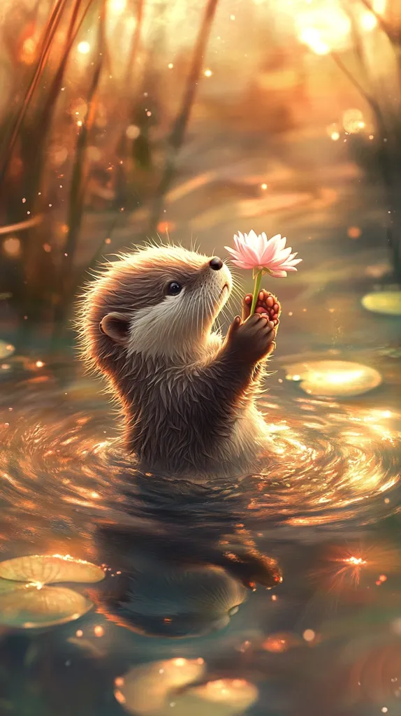 Here's a description of the image:

The image is a digital painting depicting an adorable otter pup in a serene, golden-lit pond. The otter, wet and fluffy, sits upright in the water, gently holding a delicate pink flower.  The scene is bathed in warm, sunset hues, with shimmering light reflecting off the water's surface and lily pads.  The background suggests a tranquil marsh or swampy area, with tall grasses and soft bokeh effects creating a dreamlike atmosphere. The overall feel is one of peaceful beauty and gentle wonder.