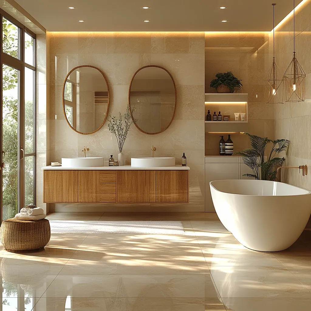 This image showcases a luxurious, modern bathroom with a serene, minimalist aesthetic.  A light beige color palette dominates, featuring large, polished floor tiles and matching wall tiles.  A wooden double vanity with oval mirrors sits beneath recessed lighting.  A freestanding white bathtub adds a touch of elegance.  Potted plants and stylish lighting fixtures complete the spa-like atmosphere.  Sunlight streams through a large window, highlighting the clean lines and tranquil design.