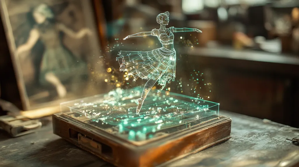 A digital rendering of a ballerina, depicted as a wireframe figure, floats above a vintage wooden box.  The ballerina is rendered in glowing turquoise lines, seemingly emanating light and particles. The box appears antique and dusty, contrasting sharply with the futuristic ballerina.  A blurred image of a dancer in a similar pose is visible in a framed picture in the background, adding to the artistic juxtaposition of old and new. The scene is softly lit, creating a dreamy atmosphere.