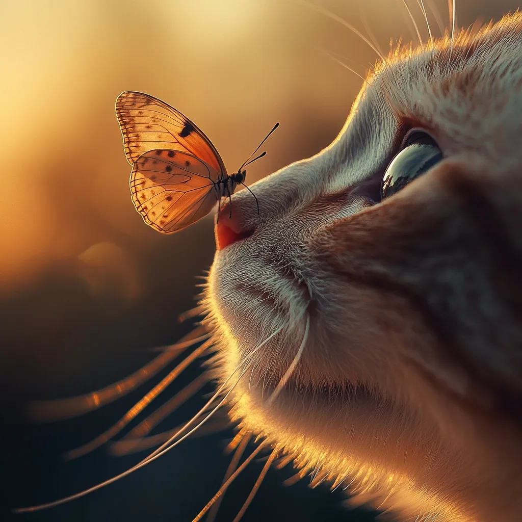 Close-up view of an orange tabby cat's face, bathed in warm, golden light.  Its whiskers extend outward, framing a delicate orange butterfly delicately perched on its nose. The background is blurred, creating a soft, dreamy atmosphere. The image evokes a sense of gentle curiosity and the peaceful coexistence of nature's creatures. The contrast between the cat's fur and the butterfly's wings is striking.