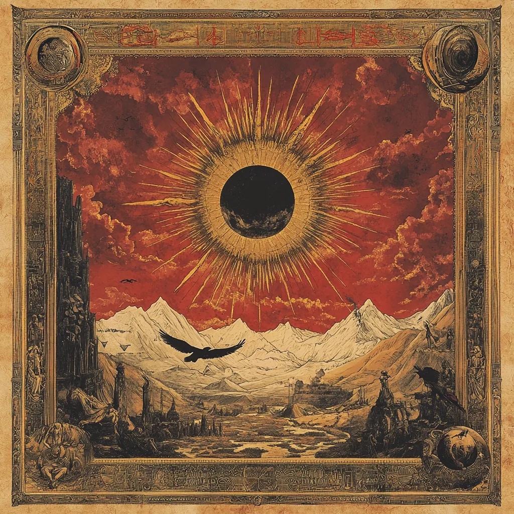 Here's a description of the image:

The artwork depicts a dramatic, stylized landscape dominated by a large, central solar eclipse rendered in gold and black against a fiery red sky.  The eclipse is surrounded by radiating golden rays. Below, a snow-capped mountain range stretches across the scene, with a valley containing dark, possibly ruined, structures and figures suggesting a civilization.  A bird of prey flies across the mountains. The whole scene is framed by an ornate, aged-looking border with inscriptions, giving the impression of an ancient map or manuscript.  The style is reminiscent of gothic or fantasy illustration.