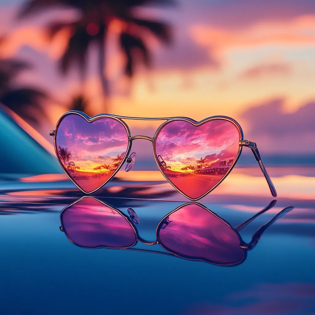 Heart-shaped sunglasses rest on a dark blue surface, reflecting a vibrant sunset. The lenses mirror a tropical scene: a palm tree-lined beach at sunset, with pink and orange hues dominating the sky. The sunglasses' reflection is clearly visible on the glossy surface beneath.  The overall impression is one of romance and idyllic tropical vacation.