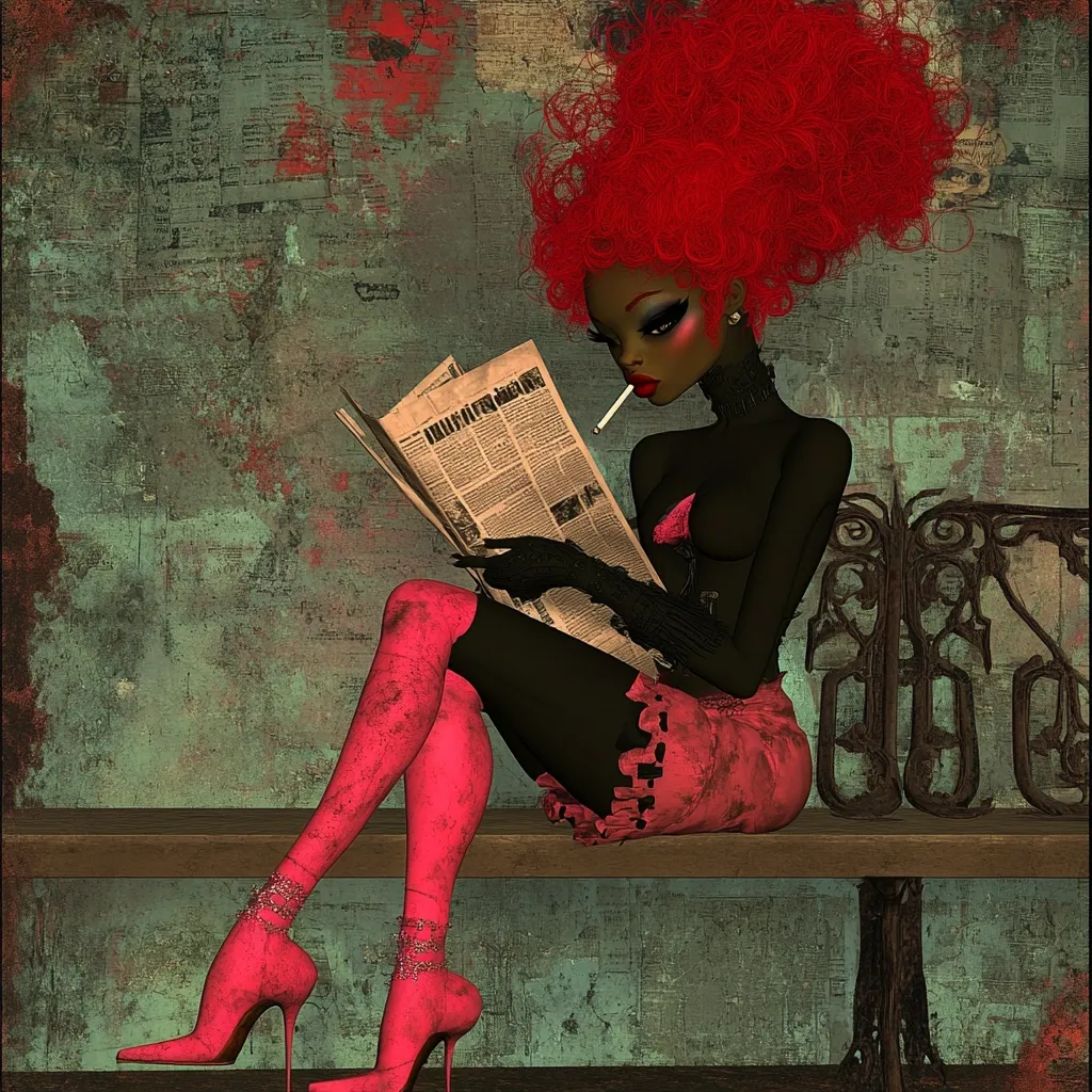 A stylized illustration depicts a dark-skinned woman with vibrant red hair, seated on a weathered bench. She's clad in pink stockings and heels, a ruffled pink mini-skirt, and black gloves.  She casually reads a newspaper, a cigarette delicately held between her lips. The background features a textured, aged wall, suggesting a gritty urban setting. The overall style is a blend of graphic art and fashion illustration.