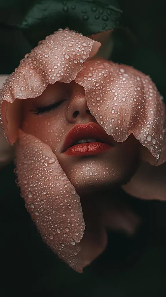 Close-up of a woman's face partially covered by large, dew-kissed petals of a flower.  Her eyes are closed, and her lips are painted a bold red. The petals are a soft pink, contrasting with the dark background.  Water droplets cling to both the petals and the woman's skin, creating a sense of freshness and intimacy. The image has a moody, artistic feel.