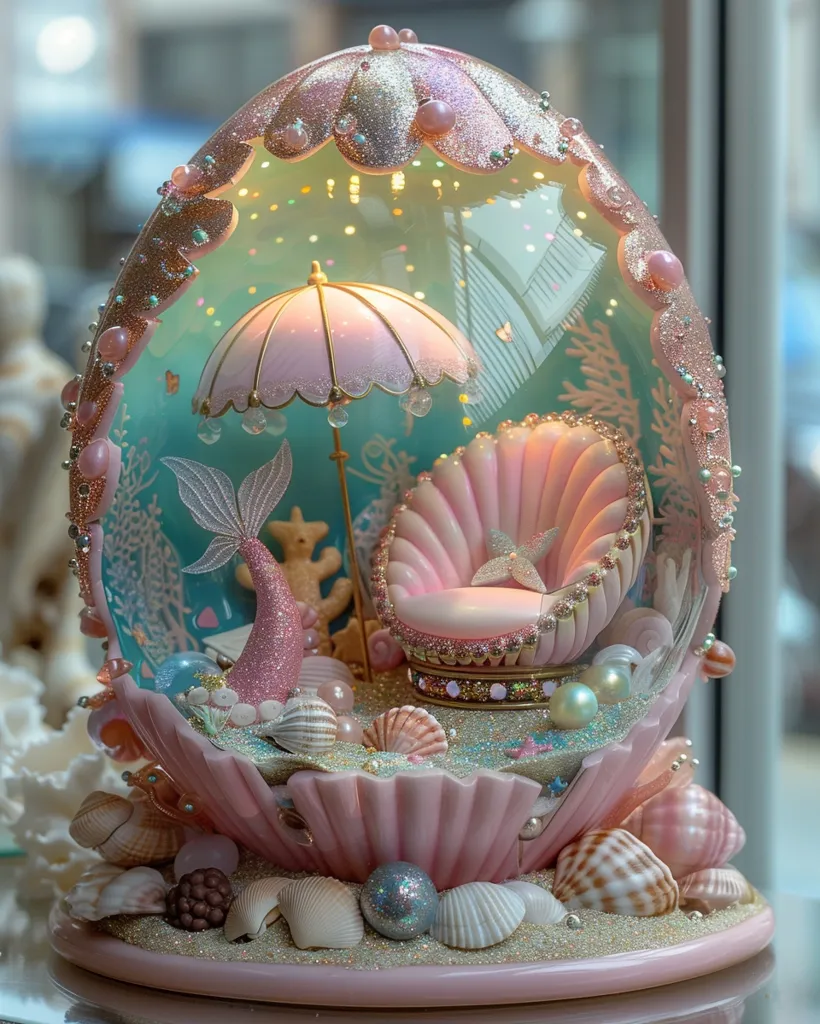This enchanting miniature scene is encased within a large, glittering pink egg. Inside, a whimsical seashell chair sits beneath a pink parasol, accompanied by a mermaid and a small, sparkly bear.  The base is adorned with seashells and sand, creating a charming, fairytale-like underwater world.  The entire piece shimmers with light, enhancing its delicate beauty and magical quality.