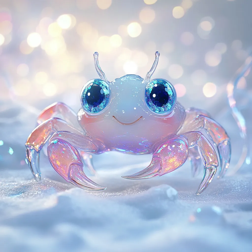 A charming, cartoonish crab is the focus of this digitally created image.  Its body is translucent, with a pearly pink and white hue, giving it a delicate appearance.  Large, expressive blue eyes and a small, happy smile add to its endearing quality.  The crab appears to be walking across a softly textured, snowy or icy surface, with a bokeh effect suggesting a sparkly, dreamlike background.  The overall style is whimsical and cute.