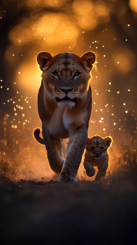 A majestic lioness strides powerfully forward, her cub trailing closely behind.  The warm, golden light of sunset bathes them, creating a magical, ethereal atmosphere filled with glittering dust motes. The scene evokes a sense of wild beauty and the protective bond between mother and offspring in the African savanna. The lioness's focused gaze and powerful stance command attention, while the cub's smaller form emphasizes its vulnerability and dependence.