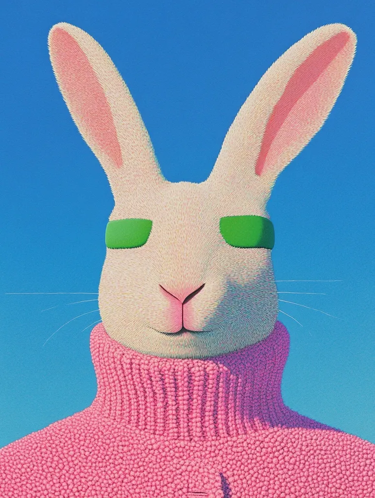 Here's a description of the image:

The image is a stylized portrait of a white rabbit against a bright blue background.  The rabbit has long, pink ears and wears a knitted, light pink turtleneck sweater.  It also has small, rectangular green eye coverings that resemble sunglasses. The rabbit's fur is depicted with a textured, almost pixelated style, giving it a slightly artificial look. The overall aesthetic is clean, simple, and slightly whimsical. The contrast between the rabbit's white fur, pink sweater, and the bold blue sky is striking.