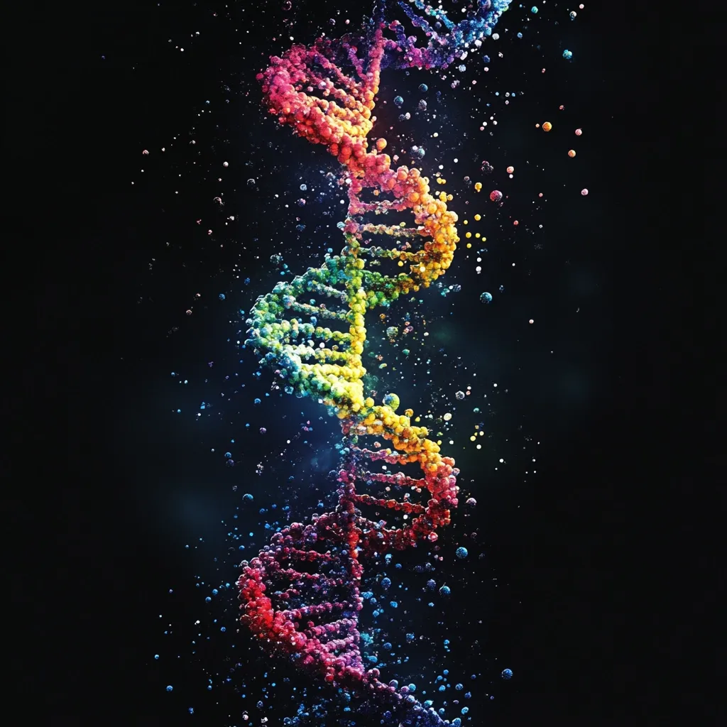 Here's a description of the image:

The image is a vibrant, stylized depiction of a DNA double helix against a black background.  The helix is rendered in a spectrum of rainbow colors, with each nucleotide appearing as a small, glowing sphere.  Small, colorful particles seem to be emanating from or surrounding the helix, creating a dynamic, almost ethereal effect.  The overall impression is one of scientific beauty and complexity, suggesting the intricate nature of genetic information. The dark background enhances the vividness of the rainbow DNA.