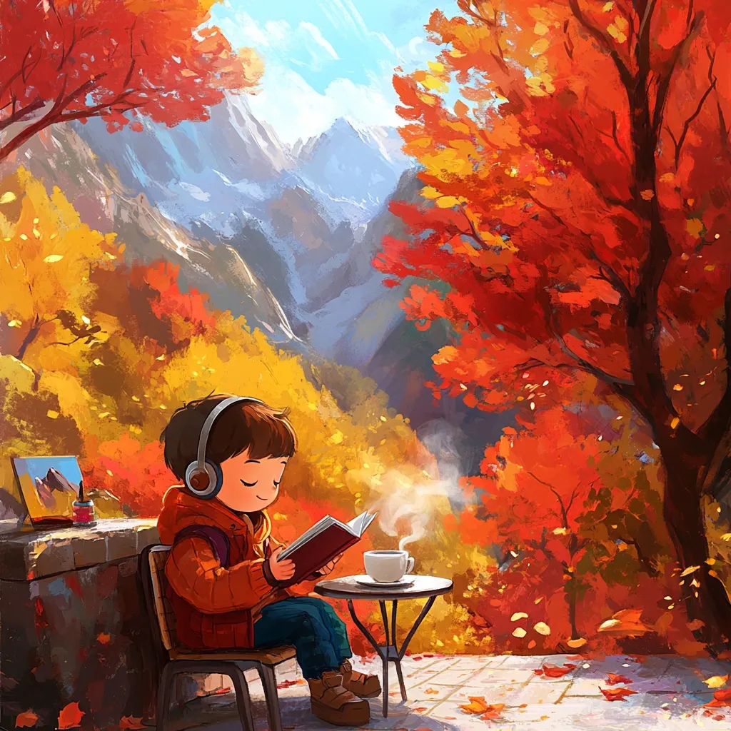 A young child, wearing headphones and an orange jacket, sits at a small table amidst a vibrant autumn landscape.  Surrounded by fiery red and golden leaves, they are engrossed in a book, a steaming cup of tea beside them.  Majestic mountains form a breathtaking backdrop, painted in soft blues and whites. The scene is peaceful and idyllic, capturing the cozy essence of autumn.  Falling leaves add movement to the still, captivating image.
