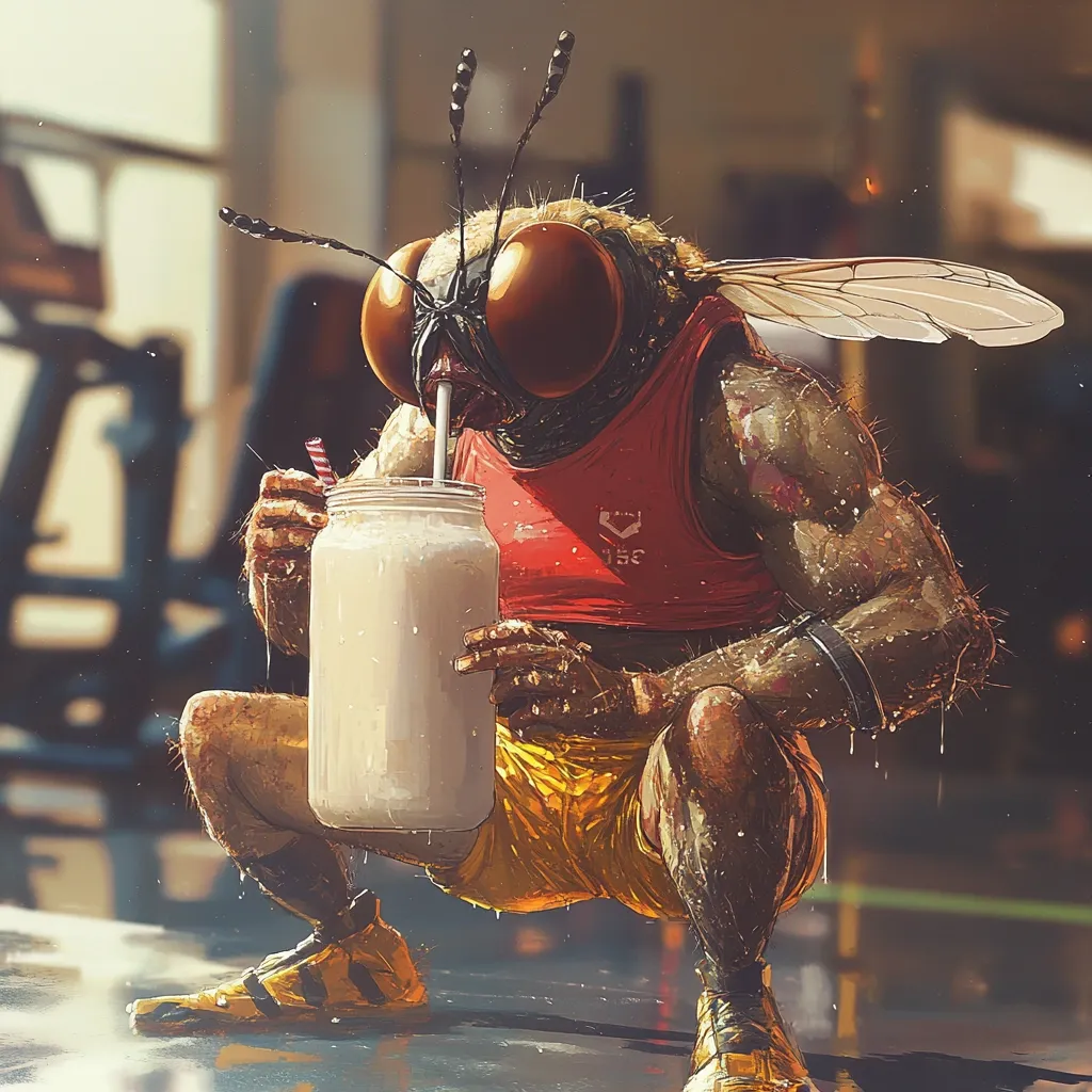 Here's a description of the image:

The artwork depicts a muscular, anthropomorphic fly in athletic wear, squatting and drinking a protein shake through a straw from a large mason jar.  The fly is powerfully built, with textured, dark skin and large, compound eyes. It's wearing a red tank top with a logo and yellow athletic shorts.  The setting appears to be a gym, subtly suggested by blurred equipment in the background.  The overall style is a blend of photorealism and fantasy, creating a striking and humorous image.  Water droplets are visible on the fly's body, suggesting exertion from a workout.