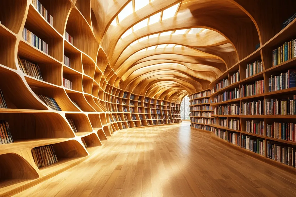 A breathtaking library is depicted, its walls curving organically, forming a tunnel-like space filled with bookshelves.  The shelves are intricately designed, appearing almost sculptural in their wooden form.  Natural light streams through skylights in the undulating wooden ceiling, illuminating the warm wood tones and countless books.  The hardwood floor extends the length of the space, creating a tranquil and inviting atmosphere. The overall design suggests a modern and artistic approach to architecture and book storage.
