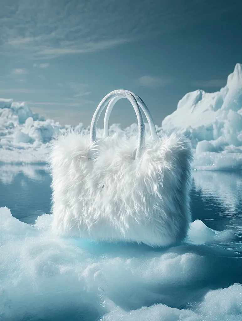 A fluffy white handbag, seemingly made of faux fur, rests on a glacial ice floe.  The bag has a simple, elegant design with white handles. The backdrop is a serene arctic landscape with icebergs and calm, turquoise water under a pale blue sky. The contrast between the soft texture of the bag and the harsh, icy environment creates a striking visual. The scene evokes a feeling of cold beauty and perhaps a commentary on environmental themes.