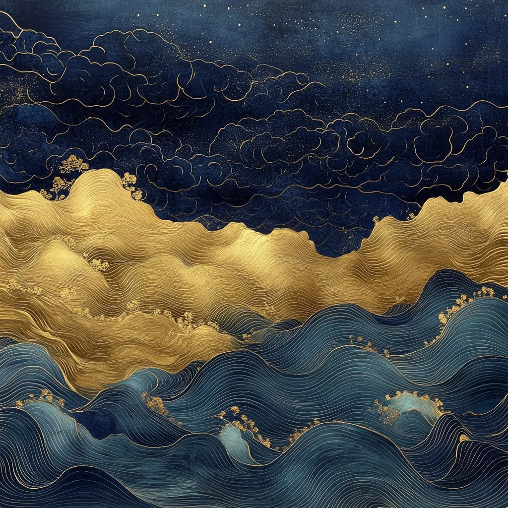 Here's a description of the image:

The artwork depicts a stylized landscape, seemingly inspired by East Asian art.  Gold-leafed mountains, rendered in flowing, wavy lines, occupy the upper half, contrasting sharply against a deep blue, undulating sea below.  A midnight blue sky sprinkled with gold stars completes the scene. The gold mountains and blue waves are intricately detailed with lines suggesting texture and depth.  Small, gold-flecked details are scattered throughout, possibly representing trees or vegetation. The overall effect is one of serene beauty and luxurious texture.