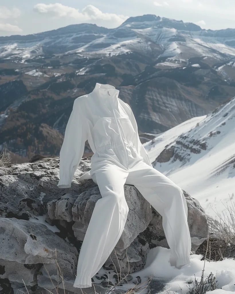 A headless white jumpsuit sits atop a grey rock, dramatically positioned against a backdrop of snow-covered mountains.  The stark white of the clothing contrasts sharply with the grey rock and the wintry landscape. The scene evokes a sense of solitude and mystery, with the missing head adding to the enigmatic feel. The mountains extend to the horizon under a mostly clear sky. The overall image is visually striking and somewhat surreal.