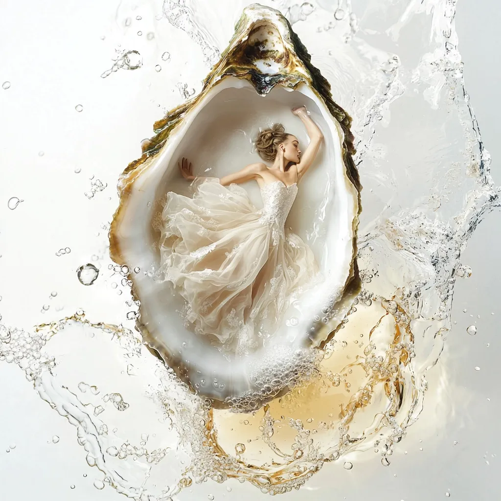 A woman in a flowing, champagne-colored wedding gown reclines within a large oyster shell.  The shell and the woman are submerged in water, creating a dramatic splash of bubbles and liquid.  The overall effect is ethereal and elegant, suggesting a concept of beauty, purity, or perhaps a fairytale. The image is predominantly white and cream tones with hints of golden liquid, adding to the luxurious feel.