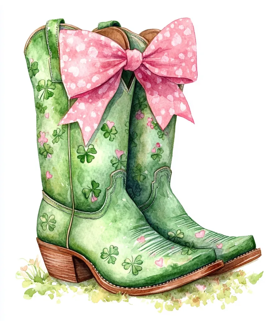 Here's a description of the image:

A watercolor painting showcases a pair of green cowboy boots adorned with shamrocks and pink hearts.  A large, pink polka-dotted bow ties the boots together at the top. The boots are positioned on a small patch of green grass, suggesting a whimsical, festive scene. The style is charming and reminiscent of folk art, possibly related to St. Patrick's Day.  The details are soft and delicate, highlighting the artistic use of watercolor.