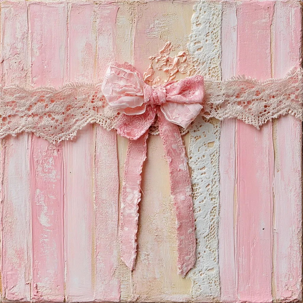 This image shows a textured pink artwork featuring a large pink fabric bow tied with delicate, off-white lace.  The background is a layered effect of pale pink and cream, mimicking vertical wooden planks. The paint texture is visibly thick and uneven, adding to the piece's shabby-chic aesthetic.  The overall composition evokes a romantic and vintage feel.