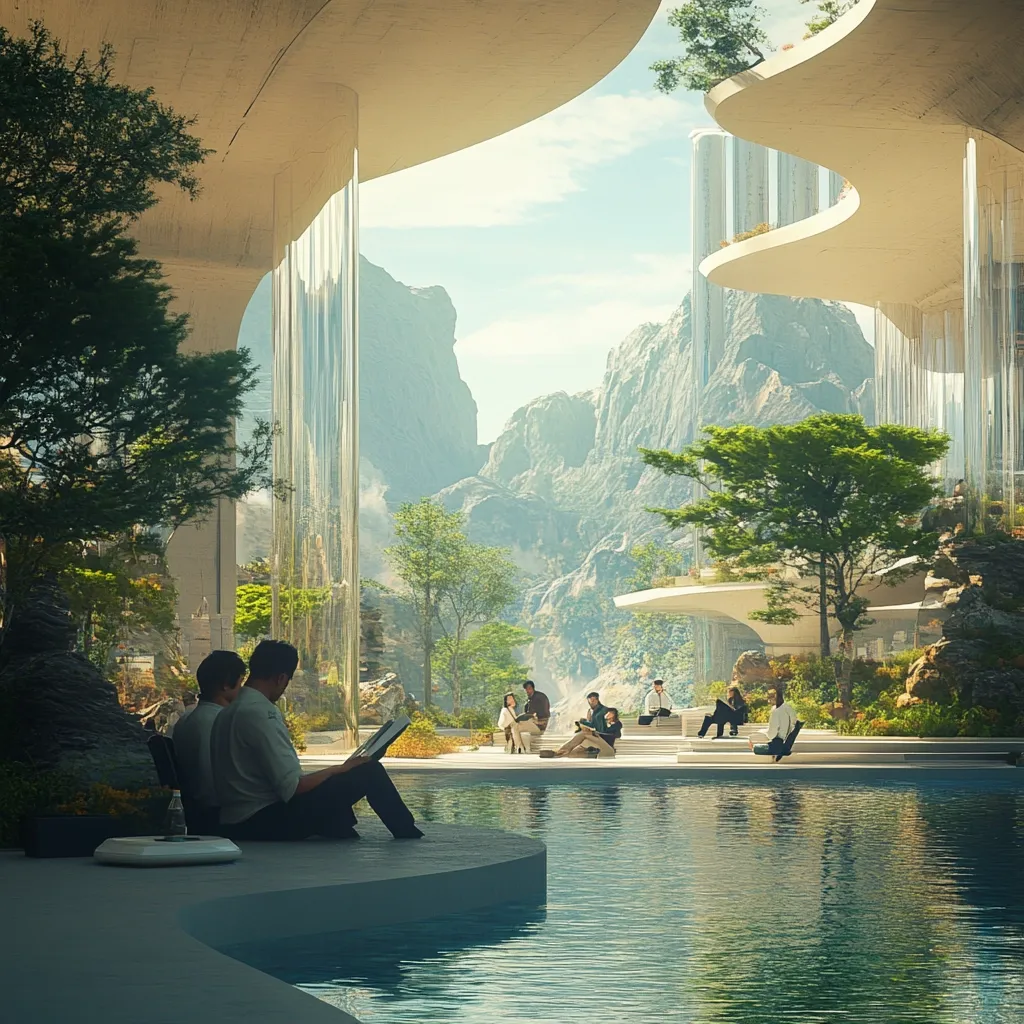 A serene digital artwork depicts a futuristic, open-air structure nestled amidst a mountainous landscape.  Large glass panels offer panoramic views of the dramatic peaks.  People are casually gathered, some reading, others conversing, by a tranquil pool. Lush greenery is integrated into the architecture, creating a harmonious blend of nature and technology.  A couple sits near the water, engrossed in a book, showcasing a peaceful coexistence between humanity and the environment. The overall mood is one of calm contemplation and sophisticated design.