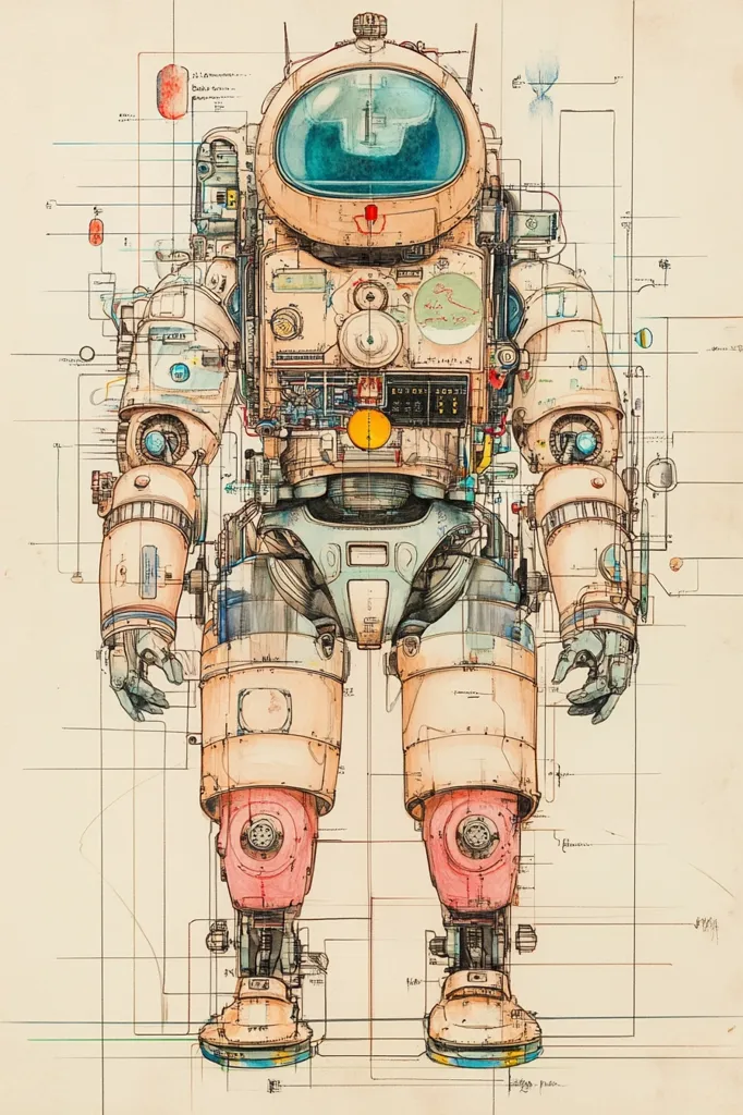 The image is a detailed technical drawing of a futuristic, bulky spacesuit or robotic exoskeleton.  Rendered in muted pastel tones on a beige background, the illustration shows a full-body view, highlighting intricate mechanical components, including joints,  valves, and a large, round helmet.  Overlaid grid lines and annotations suggest a blueprint or design schematic, lending a sense of precision and engineering.  The style blends technical drawing with artistic flair, resulting in a visually striking piece that evokes a sense of retro-futurism.