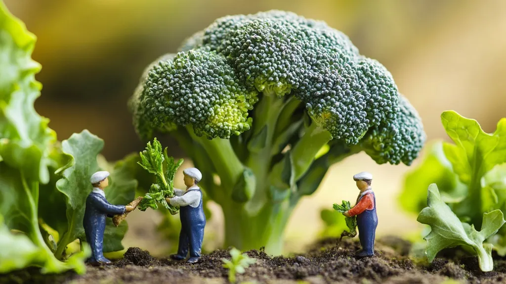 Here's a description of the image:

The photograph showcases a whimsical scene where miniature figurines of farmers tend to small plants nestled beside a large, vibrant head of broccoli.  The broccoli dominates the center, its green florets detailed and lush. The farmers, dressed in overalls and hats, are engaged in harvesting or planting, adding a playful, human element to the otherwise natural setting. Surrounding the central broccoli are other leafy green plants, blurring the background slightly and focusing attention on the miniature farming activity. The overall tone is bright, vibrant, and suggestive of healthy, bountiful growth.