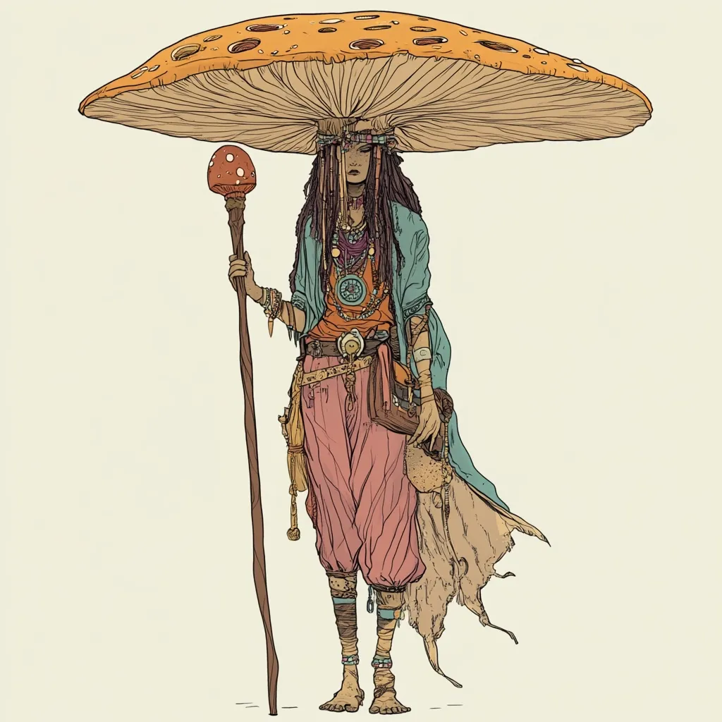 Here is a description of the image:

The illustration depicts a mystical, boho-styled female figure standing beneath a giant mushroom that serves as her head covering. She holds a staff topped with a smaller mushroom, adorned with numerous necklaces, bracelets, and a belt with pouches. Her attire consists of loose, flowing pants in a salmon pink hue and a teal, slightly tattered robe.  Barefoot, she exudes an air of otherworldly serenity and wisdom, with her long dark hair cascading down. The style is reminiscent of fantasy character art, detailed and slightly whimsical.