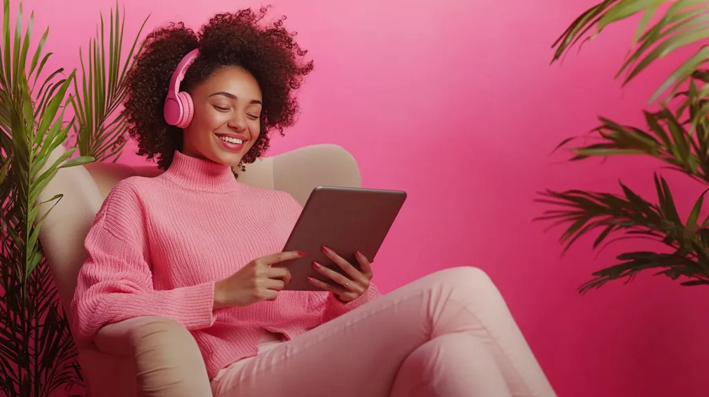 A young Black woman with curly hair sits in a beige armchair against a vibrant pink background.  She wears a pink sweater and pants, and pink over-ear headphones.  She's smiling as she looks at a tablet held in her hands.  Tropical plants flank her on either side, adding to the bright, cheerful ambiance.  The overall mood is one of relaxed contentment and modern style.