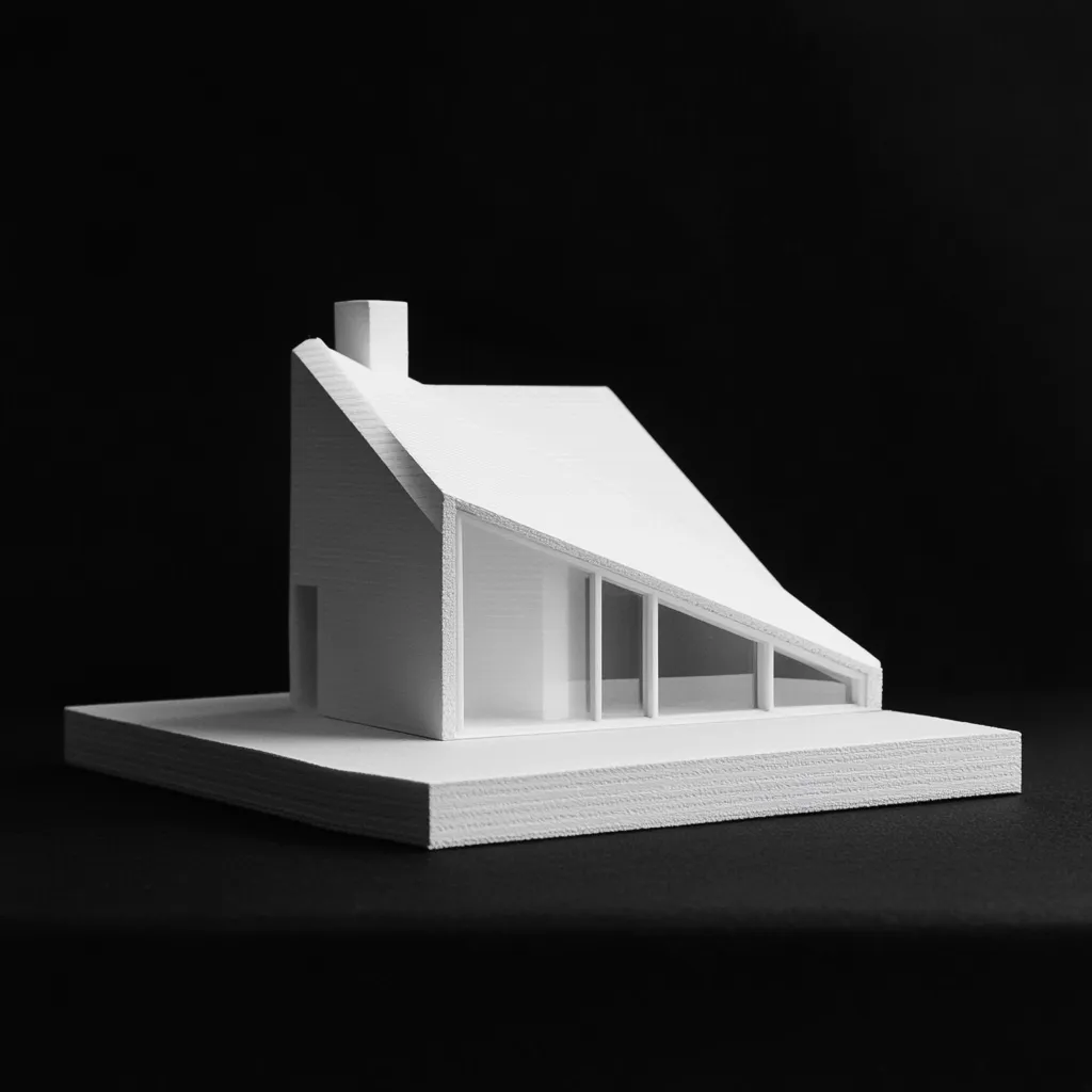 A stark white architectural model of a modern house sits on a simple base against a black background. The house features a sloped roofline and a visible interior with distinct vertical elements suggesting pillars or supports.  A small chimney is visible on the roof. The model's clean lines and minimalist design emphasize its geometric form. The contrast between the white model and dark backdrop draws attention to its details and structure.
