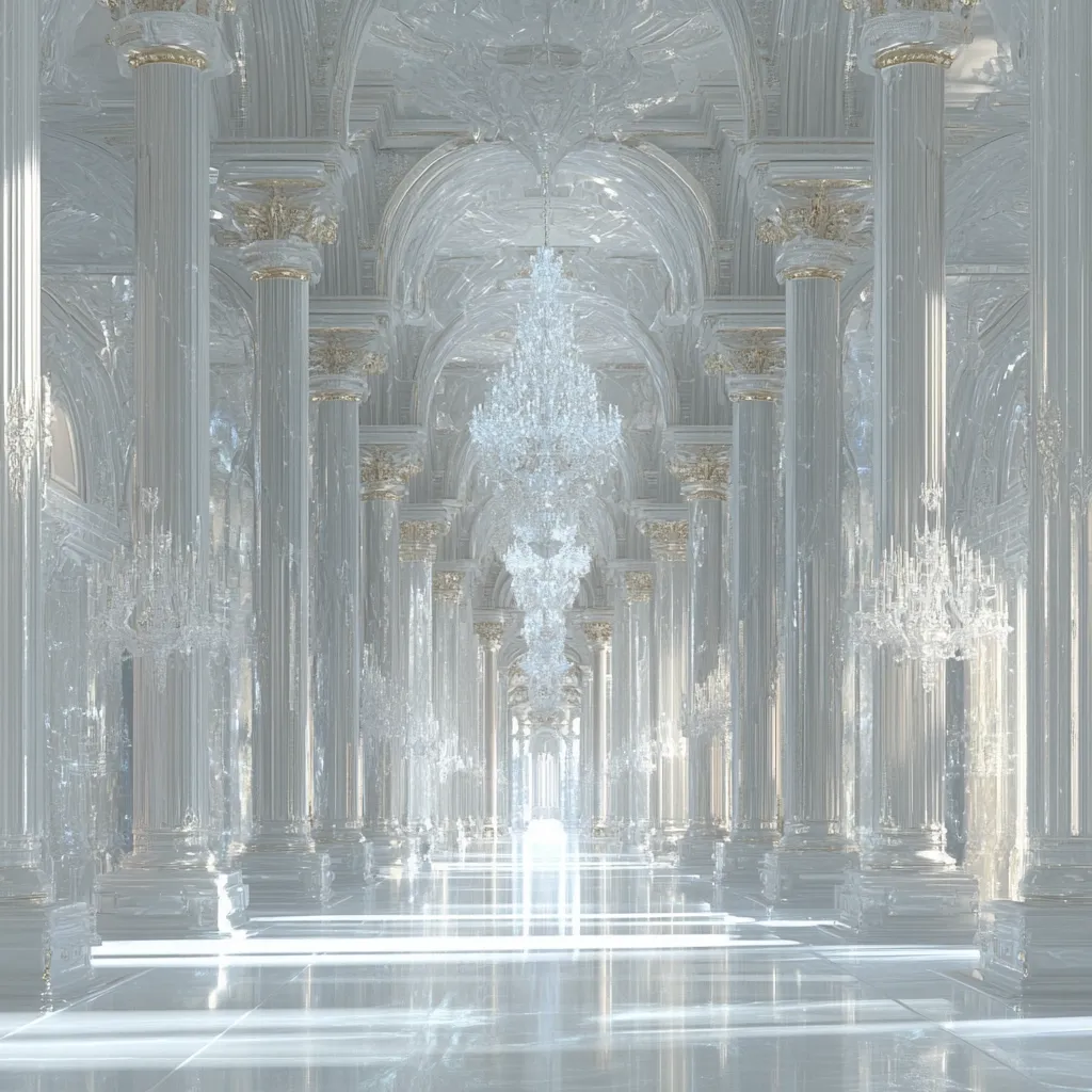 The image depicts a breathtaking, seemingly endless hall in a palace.  Tall, gleaming white columns line both sides of a vast, polished floor, reflecting light.  A massive crystal chandelier hangs centrally, with smaller ones adorning the sides, casting a soft, ethereal glow.  The architecture is ornate, with arched ceilings and gold detailing adding subtle contrast to the predominantly white palette. The overall effect is one of pristine elegance and otherworldly beauty.