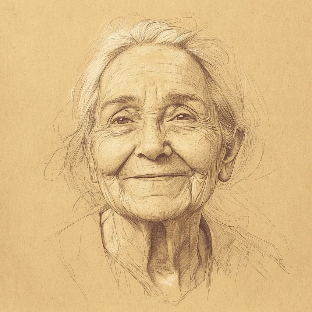 Here's a description of the image:

The image is a detailed pencil sketch of an elderly woman's face and upper torso.  Her expression is one of gentle contentment, a warm smile playing on her deeply lined face.  Her gray hair is softly rendered, framing her face. The style is hyperrealistic, emphasizing the texture of her skin and the fine lines etched by age. The background is a muted beige, allowing the sepia tones of the drawing to stand out.  The overall effect is one of quiet dignity and peaceful aging.