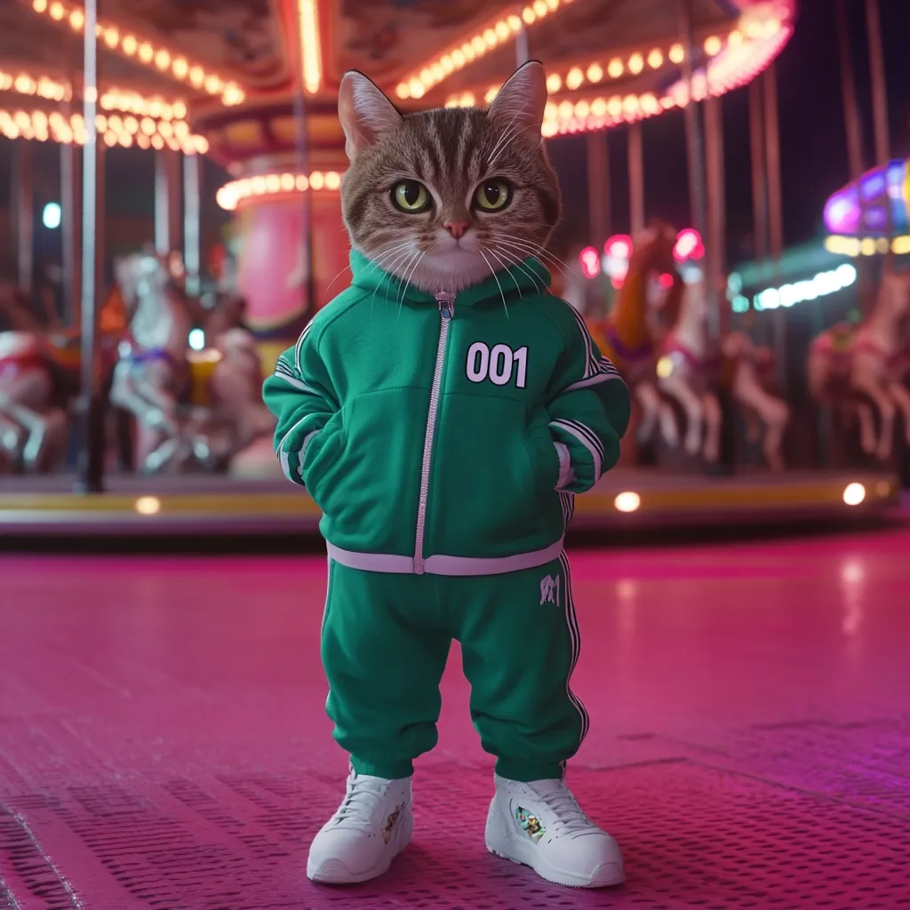 Here is a description of the image:

A tabby cat, anthropomorphized and wearing a vibrant green tracksuit with "001" emblazoned on the chest, stands confidently.  The cat's attire is complete with white sneakers. The background features a softly lit carousel with blurred, whimsical horses, creating a striking contrast between the sharp focus on the cat and the dreamy, slightly out-of-focus background. The overall setting evokes a playful, slightly surreal atmosphere. The floor is a glossy pink.
