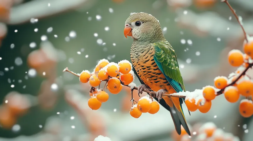A vibrant green and orange Senegal parrot perches on a snow-dusted branch laden with bright orange berries.  Light snow falls softly around the bird, creating a serene winter scene. The parrot's plumage is detailed, and its gaze is directed to the side. The background is blurred, focusing attention on the parrot and the berries, enhancing the image's peaceful and picturesque quality.