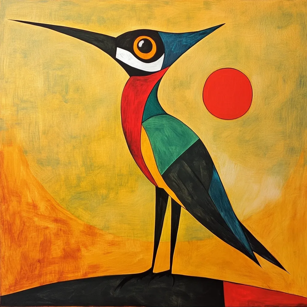 The painting depicts a stylized bird, rendered in bold geometric shapes and vibrant colors.  Predominantly dark teal, red, and green, the bird's body is segmented into distinct blocks of color against a warm, ochre background. A large, simplified red circle sits in the upper right, resembling a sun. The bird's beak is long and pointed, its eye large and expressive. The overall style is reminiscent of Cubism or Art Deco, with a focus on strong lines and flat planes. The bird stands on a dark base, creating a strong contrast against the bright background.