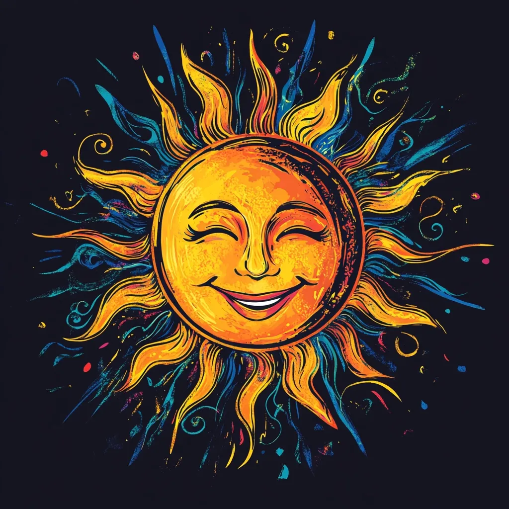 A vibrant, stylized sun dominates the image, set against a black background.  Its face is cheerful, with closed eyes and a wide, joyful smile, painted in warm oranges and yellows. The sun's rays burst outwards in a dynamic, colorful explosion of blues, greens, and purples, accented by swirling patterns and splatters of paint. The overall style is reminiscent of psychedelic art or folk art, conveying a feeling of warmth, happiness, and energy.