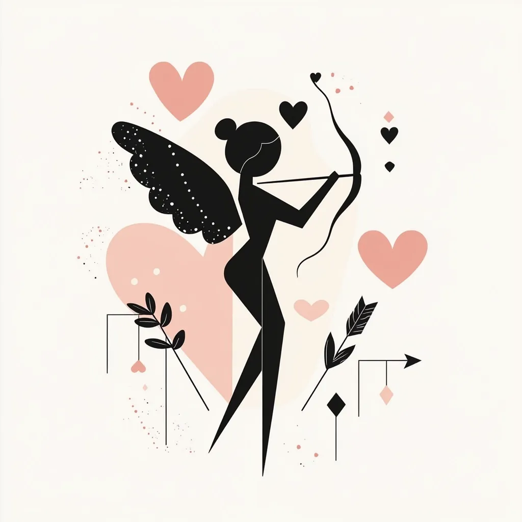 Here's a description of the image:

The image is a stylized illustration of Cupid, depicted as a black silhouette against a light background.  Cupid is poised, drawing back a bow and arrow, aiming upwards.  The figure has wings and a bun.  Surrounding the Cupid are various pastel pink hearts of different sizes, along with minimalist floral elements and arrows, creating a romantic and whimsical atmosphere. The overall style is modern and abstract.