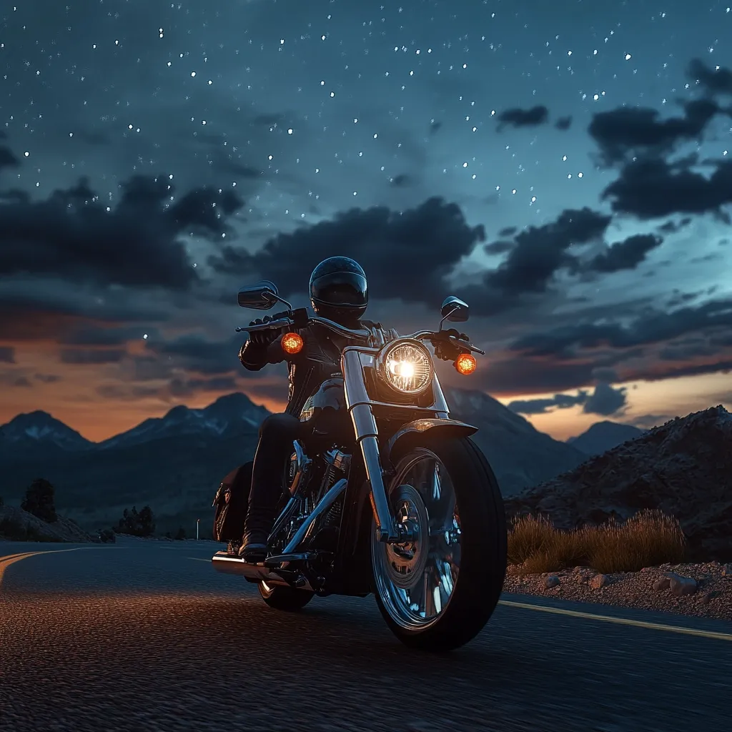Here's a description of the image:

A motorcyclist, clad in a black leather jacket and helmet, rides a powerful cruiser motorcycle down a winding road. The setting sun casts a warm glow on the mountainous landscape in the background, while a starry night sky looms overhead. The motorcycle's headlight illuminates the path ahead, creating a dramatic contrast against the darkening environment. The overall mood is one of freedom and adventure, capturing the essence of a nighttime journey.