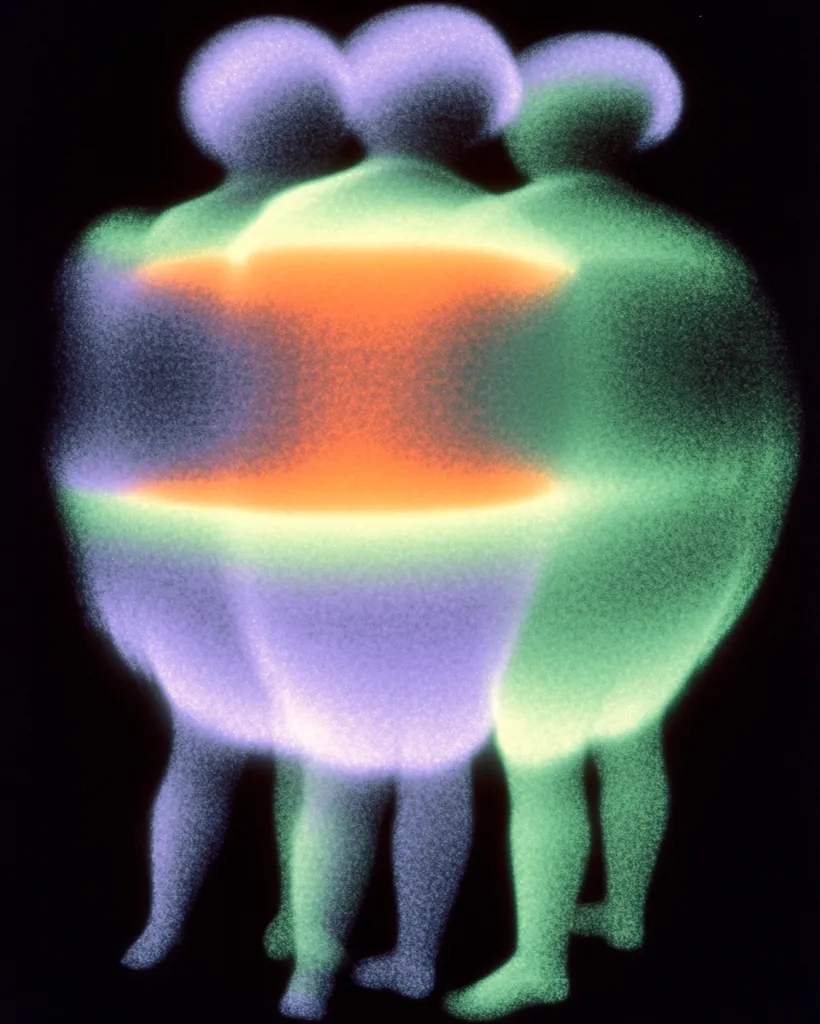 Here is a description of the image in under 100 words:

The image is an abstract representation of three figures standing close together.  Their bodies are blurred and translucent, rendered in pastel shades of purple, green, and orange. A central, horizontal band of warm orange separates the upper and lower halves of the figures. The overall effect is ethereal and suggestive of a unified whole, perhaps symbolizing connection or togetherness. The dark background emphasizes the luminous quality of the figures. The style is reminiscent of a digitally manipulated photograph or a Kirlian photograph, but the subject matter is purely artistic.