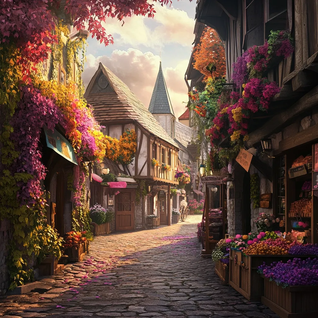 A picturesque cobblestone street, lined with charming half-timbered houses, is awash in vibrant blooms.  Overhanging flower baskets and climbing vines create a profusion of color.  Small shops, displaying fresh produce and other wares, add to the quaint atmosphere. A church steeple peeks above the rooftops, completing the idyllic scene bathed in warm, golden sunlight.  The overall feeling is one of peaceful, storybook charm.