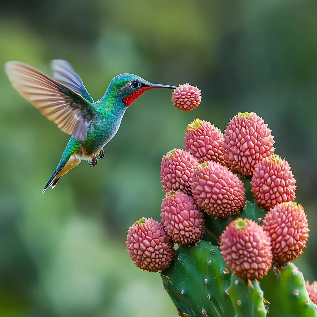 A vibrant hummingbird, predominantly teal and green with a reddish throat, hovers mid-flight.  Its long beak delicately touches a pink, spiky fruit cluster growing on a prickly pear cactus. The background is a soft, blurred green, emphasizing the hummingbird and the cactus's bright pink fruits. The image showcases a moment of natural beauty and interaction between bird and plant.