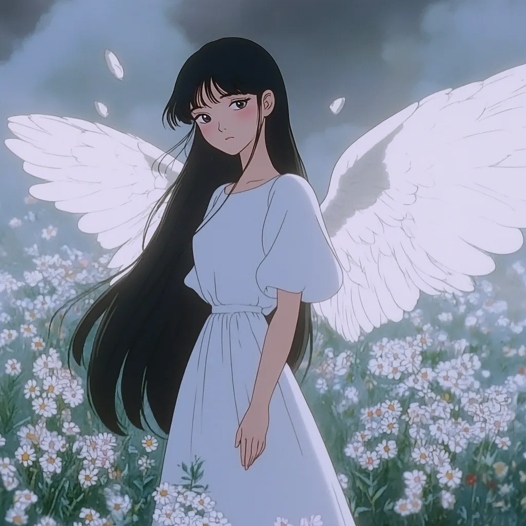 The image is an anime-style illustration of a young woman with long black hair, wearing a pale blue dress.  Large, white angel wings sprout from her back.  She stands serenely amidst a field of small, white daisy-like flowers under a soft, muted sky. The overall aesthetic is peaceful and ethereal, with a soft color palette and delicate linework. The style evokes a sense of calm and gentle beauty.