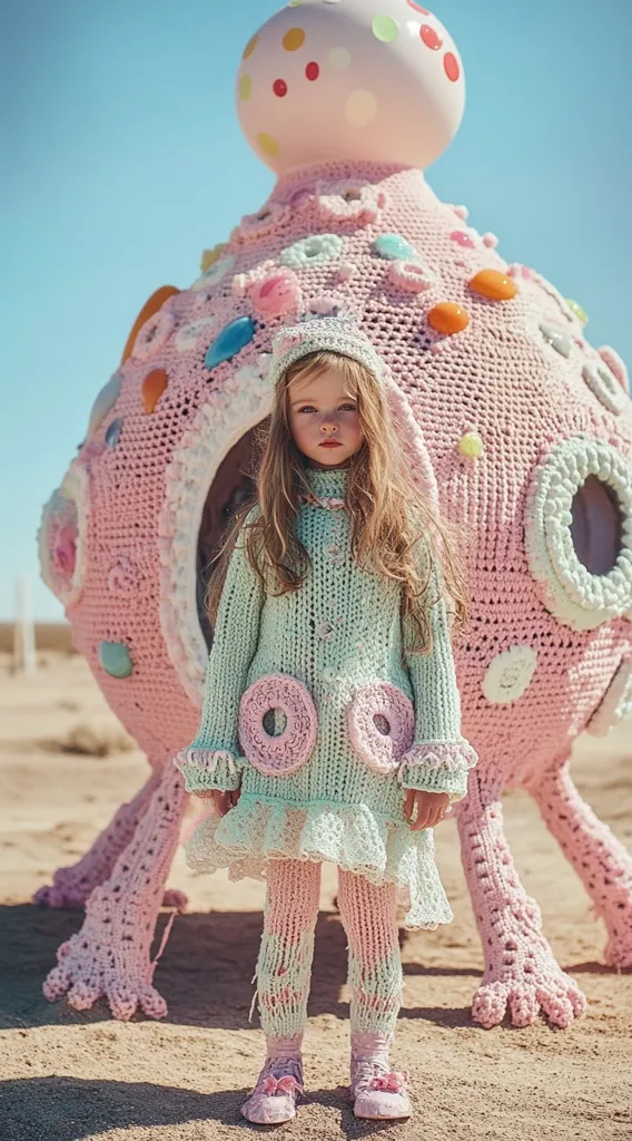 A young girl, dressed in a pastel-colored knitted outfit adorned with donut-shaped appliqués, stands before a large, whimsical, crocheted sculpture resembling a space pod. The pod is pink with colorful embellishments and spindly legs. The girl's outfit matches the sculpture's color scheme, creating a cohesive and visually appealing image. The setting appears to be a desert landscape, enhancing the whimsical nature of the scene.  The overall effect is playful and dreamlike.