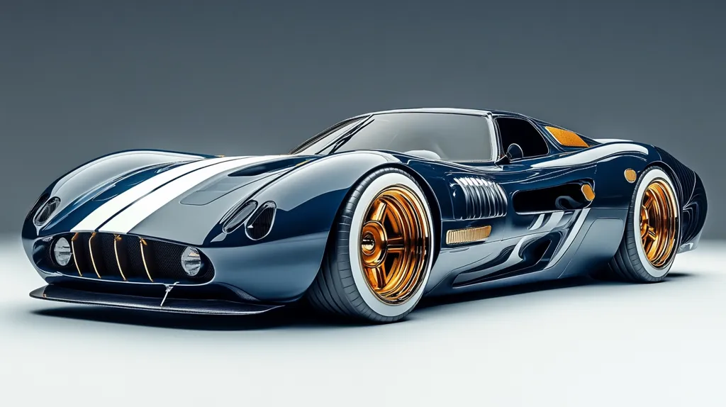 The image shows a sleek, futuristic sports car with a retro design.  It's predominantly dark blue with a prominent white racing stripe down the center.  The car features gold-colored rims and subtle gold accents along the body. Its low profile and aerodynamic curves suggest high performance. The background is a simple, neutral gray, allowing the car to be the focal point. The overall aesthetic blends classic car styling with modern technology, creating a striking visual.