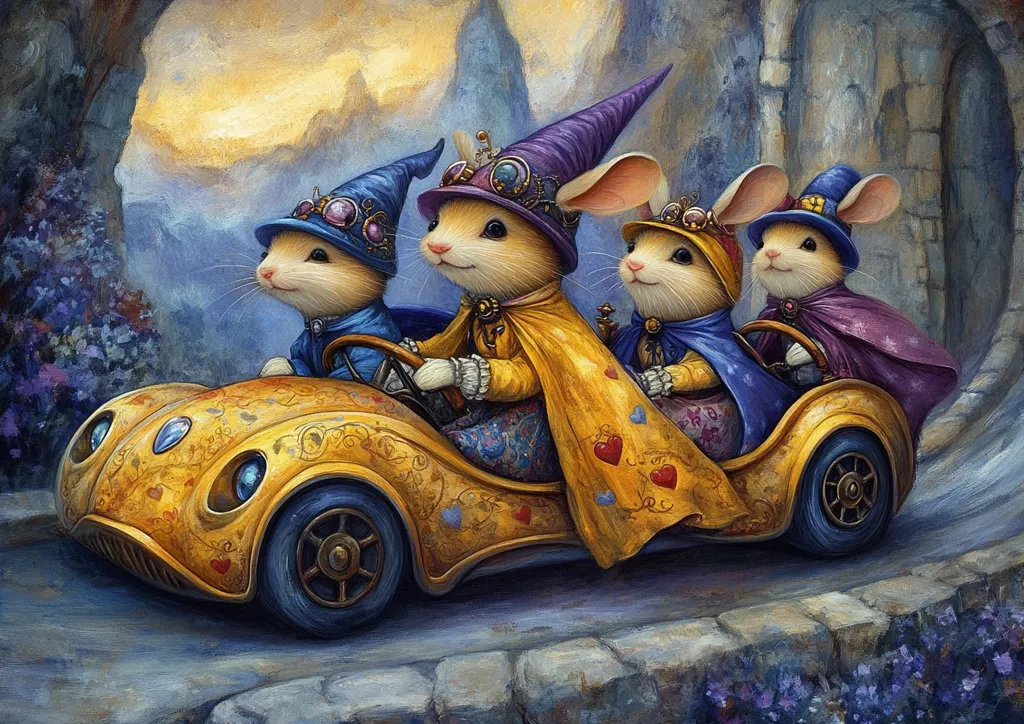 Three anthropomorphic mice, dressed in wizard hats and capes, ride in a whimsical, ornate yellow car. The car is detailed with hearts and swirling patterns. The mice appear regal and are driving along a cobblestone road, with a background suggesting a fantastical, possibly medieval setting.  The overall style is reminiscent of children's book illustration, with a charming and slightly whimsical tone.